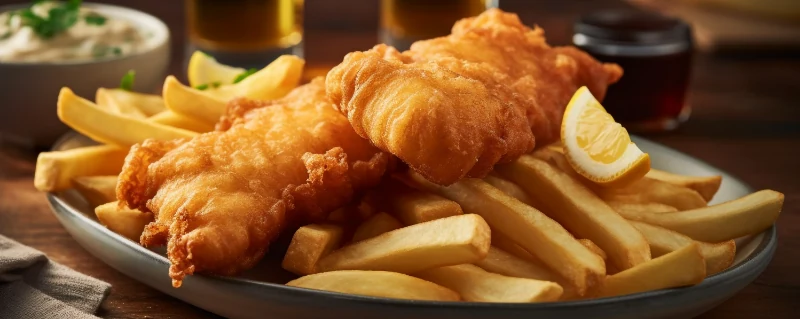 Gluten-free battered fish served with chips and lemon